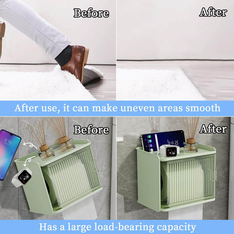 Before and after use of heavy duty double sided tape smoothing uneven surfaces and stabilizing shelves with load-bearing objects.