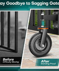 Comparison of 8 inch heavy duty fence gate wheel anti sag support with spring loaded gate caster before and after installation.