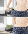 Before and after using Eight Set Pant Waist Tightener Pins For Loose Jeans No Sewing Or Tools Reusable Waist Cincher Clips shown on jeans
