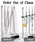 Before and after of Wall Mount Broom And Mop Holder With Five Racks And Four Hooks Stainless Steel Heavy Duty Organizer Self Adhesive