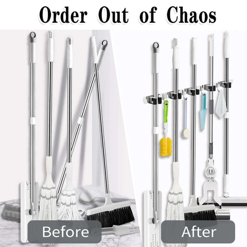 Before and after of Wall Mount Broom And Mop Holder With Five Racks And Four Hooks Stainless Steel Heavy Duty Organizer Self Adhesive