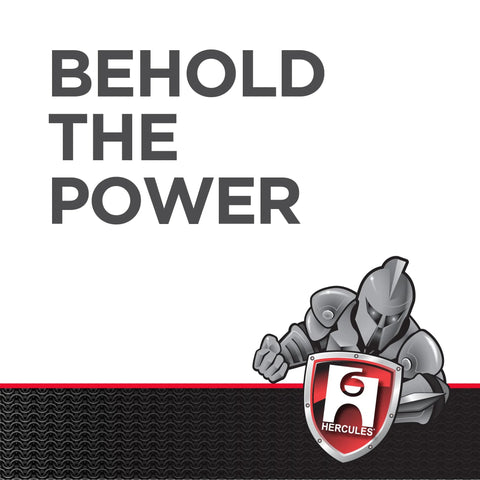Front graphic banner with BEHOLD THE POWER text, Hercules knight shield logo, and chain-textured bottom border.