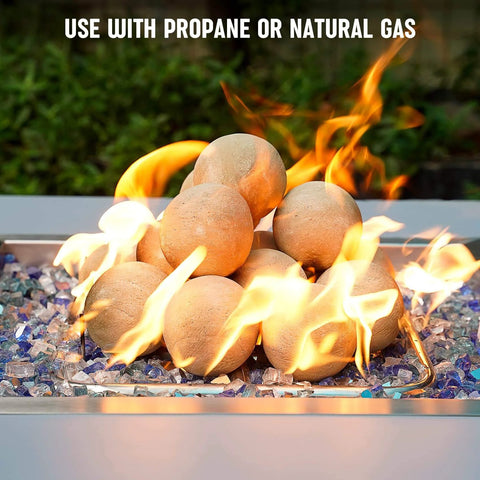 15-Pack Beige Ceramic Balls - 3” Round Fire Stones for Fire Pit Fire Bowl and Fireplace in use with flames