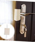 Silence noisy doors with this 3-pack of no drill door silencers shown on a beige cushioned pad installed on a door handle.