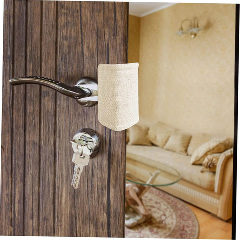 Experience quiet, safe doors with these tool-free door silencers; simply suspend on the knob to dampen slams, beige fabric shown installed.