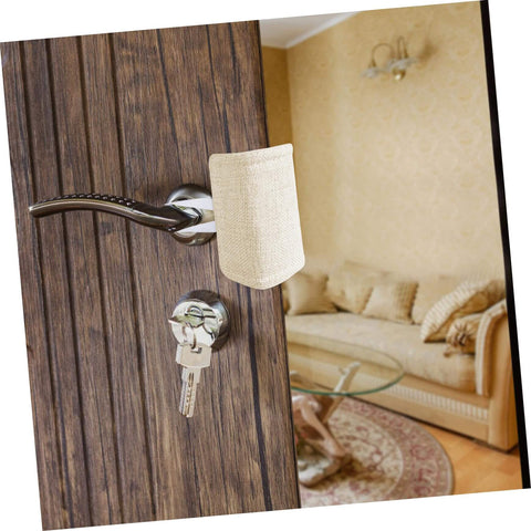 Experience peaceful rooms with easy, tool-free door silencers that cushion every slam, reduce noise, protect fingers, and prevent accidental injuries on bedroom and entry doors. 3-pack beige door silencers installed on a wooden door with a sofa visible inside.