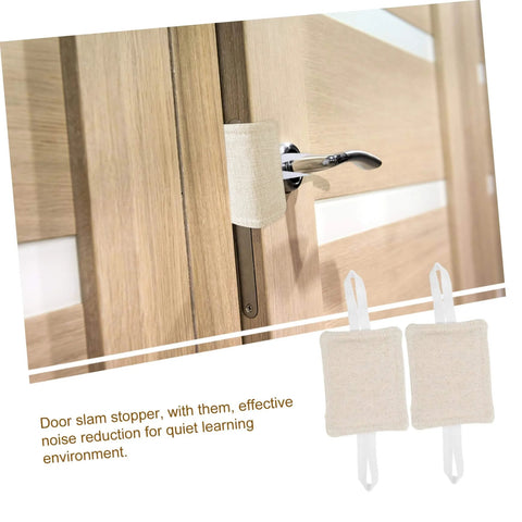 Beige tool-free door silencers installed on a wooden door handle, part of a 3-pack to experience peaceful rooms with easy, tool-free door silencers that cushion every slam, reduce noise, protect fingers, and prevent accidental injuries on bedroom and entry doors.