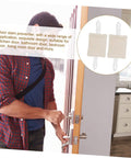 Man installing 3-pack beige door silencers on entry door for quiet closure, illustrating 'Experience peaceful rooms with easy, tool-free door silencers'