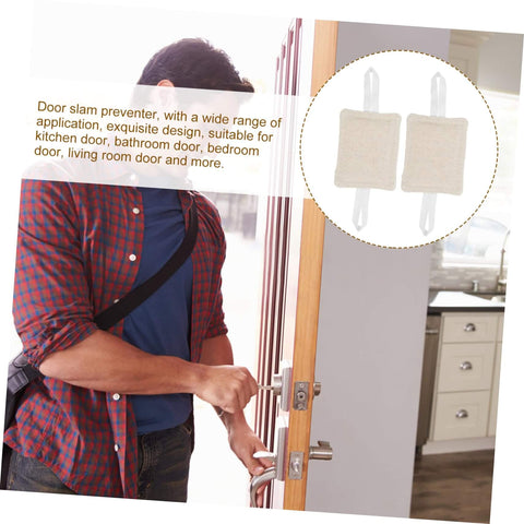Man installing 3-pack beige door silencers on entry door for quiet closure, illustrating 'Experience peaceful rooms with easy, tool-free door silencers'
