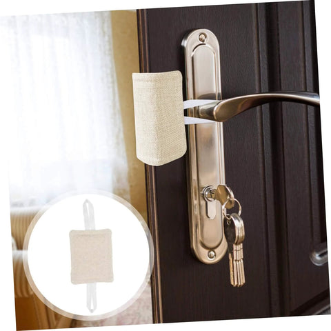 Door Slam Stopper Silencers Set Easy Install No Tools Required No Drilling 3 Pieces Attach To Door Handles image showing installed beige cushion.