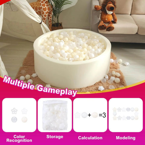 Ball Pit Balls 100 PCS, Star Shapes for Babies Kids Playpen Plastic Balls in beige, white, clear in a round baby playpen.