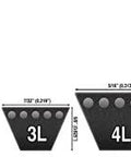 Diagram showing different belt sizes 3L, 4L, 5L with measurements, compatible with Heavy Duty 4 Inch V Groove Drive Pulley for 4L belts.