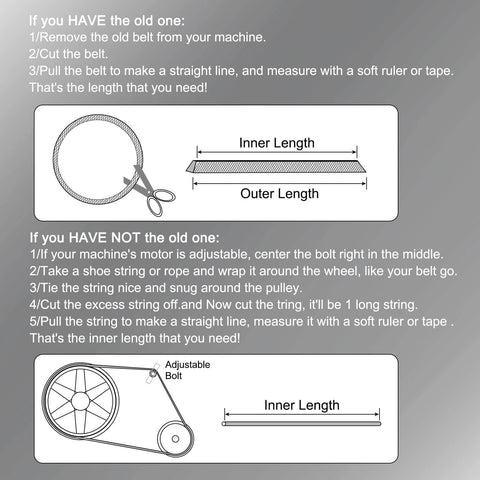 Guide on measuring belt length with images, including step-by-step instructions for measuring with or without an existing belt.