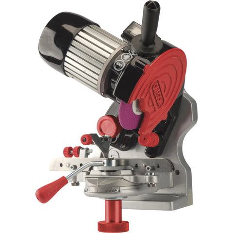 Professional Compact 120-Volt Bench Grinder And Universal Saw Chain Sharpener mounted on a wall bracket for woodworking use.