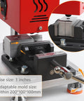 Manual Vertical Injection Molding Machine showing bench vise and test mold, 3-inch size, 110V, for small plastic parts prototyping, DIY use.