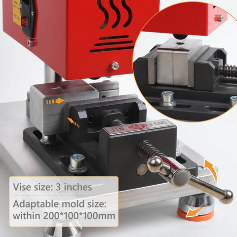 Manual Vertical Injection Molding Machine showing bench vise and test mold, 3-inch size, 110V, for small plastic parts prototyping, DIY use.