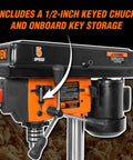 Close-up of Cast Iron Benchtop Drill Press with 2.3 Amp Motor, showing 1/2-inch keyed chuck and onboard key storage