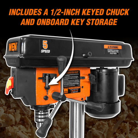 Close-up of Cast Iron Benchtop Drill Press with 2.3 Amp Motor, showing 1/2-inch keyed chuck and onboard key storage