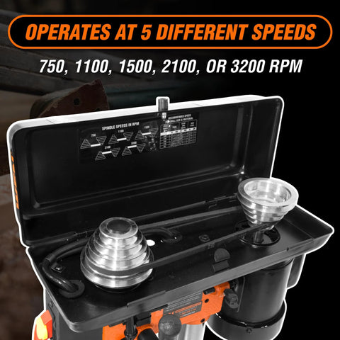 Top view of Cast Iron Benchtop Drill Press With 2.3 Amp Motor showing five speed settings and pulley system.