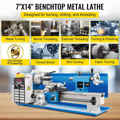 Benchtop Metal Lathe 7x14 Inch With Digital Display 550W Variable Speed Up To 2250 RPM for metal turning and threading