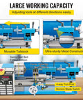 Benchtop Metal Lathe 7x14 Inch With Digital Display 550W Variable Speed Up To 2250 RPM with movable tailstock and metal construction.