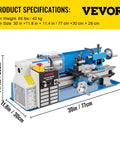 Benchtop Metal Lathe 7x14 Inch With Digital Display 550W Variable Speed Up To 2250 RPM, side view with dimensions