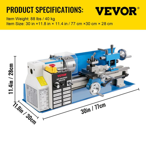 Benchtop Metal Lathe 7x14 Inch With Digital Display 550W Variable Speed Up To 2250 RPM, side view with dimensions