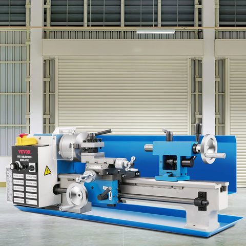 Side view of Benchtop Metal Lathe 7x14 Inch With Digital Display 550W Variable Speed Up To 2250 RPM 3 Jaw Chuck CNC Mini Lathe.