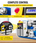Benchtop Metal Lathe 7x14 Inch With Digital Display 550W Variable Speed Up To 2250 RPM showcasing features like precision chuck and controls