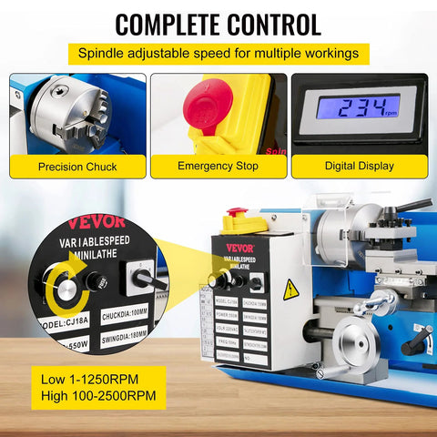 Benchtop Metal Lathe 7x14 Inch With Digital Display 550W Variable Speed Up To 2250 RPM showcasing features like precision chuck and controls