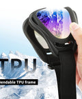 Hand bending TPU frame of 2 Pack Ski Goggles For Men Women Kids UV Protection Foam Anti Scratch Dustproof with reflection of snowy mountains.