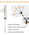 Mercedes 9G Tronic Transmission Oil Fill Kit with adapter diagram showing ATF fill process and positions for oil refill and drainage.