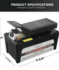 BESTOOL 10,000 PSI, 1/2 Gal Reservoir Foot-Operated Air Hydraulic Pump with dimensions and specifications visible.