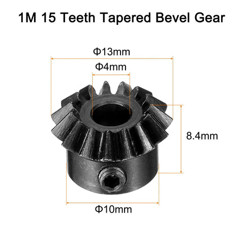 Bevel Gear 0.8 Module 1To1 15 Teeth Pinion 4mm Hole 4mm Shaft 45 Steel Black side view with dimensions
