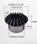 Two Piece Bevel Gear Set 1.5 Module Tapered Bevel Pinion Gears For Hardware And Machinery, 20 Tooth With 16mm Hole, dimensions shown