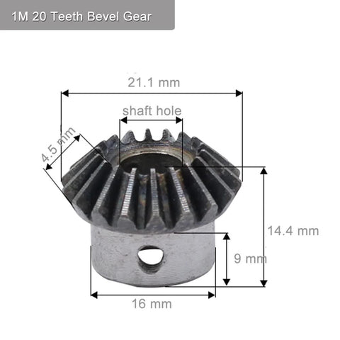 Bevel Gear Set 1M 20 Teeth 90 Degree Steering 2 Pcs M5 Fixing Hole 5mm Shaft, showing detailed dimensions