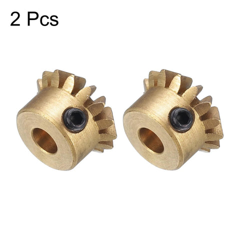 Bevel Gear Set 2pc 0.8 Module 1 To 1 Reduction 15 Teeth Gear 4mm Hole 45 Degree, brass gears with visible teeth and holes