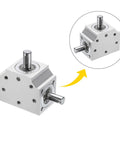 Bevel Gearbox 1 To 1 Right Angle Drive For DIY Projects With 8mm Shaft, aluminum frame, multiple shafts, compact design.