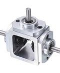 90 Degree Bevel Gearbox 1to1 Reversing Dual Outputs Aluminum Frame 6mm Shaft, showing gear mechanism and shaft ends