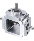 Bevel Gearbox 90 Degree 1to1 With Dual 6mm Output Shafts Aluminum DIY Frame showing steel shafts and aluminum body