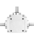 Front view of Bevel Gearbox 90 Degree 1 To 1 Dual Output Aluminum Frame 8mm Shaft Built Tough with visible dual 8mm shafts.