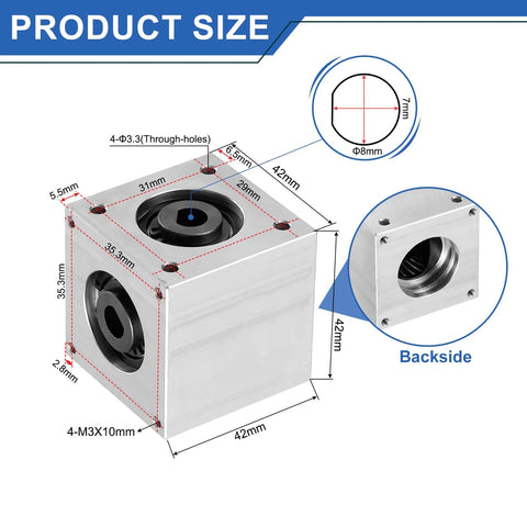 Diagram of Bevel Gearbox 90 Right Angle 1 To 1 With 8mm Shaft Aluminum Frame Boss DIY showing dimensions and backside view.