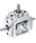 Bevel Gearbox 90 Degree 1to1 With Dual 6mm Output Shafts Aluminum DIY Frame, shown in front view