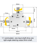 Bevel Gearbox 1 To 1 Right Angle Drive For DIY Projects With 8mm Shaft, dimensions and input-output shaft view