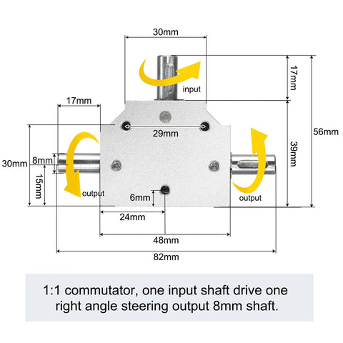 Bevel Gearbox 1 To 1 Right Angle Drive For DIY Projects With 8mm Shaft, dimensions and input-output shaft view