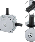 Beefy 40 HP 1800 RPM Right Angle Bevel Gearbox With Keyed Shaft 1 To 1, silver housing and shaft details shown