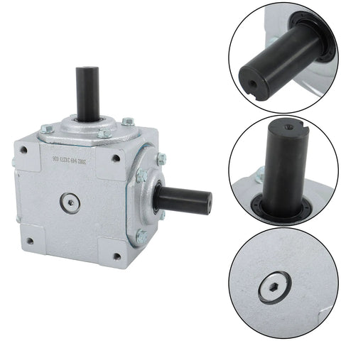 Beefy 40 HP 1800 RPM Right Angle Bevel Gearbox With Keyed Shaft 1 To 1, silver housing and shaft details shown