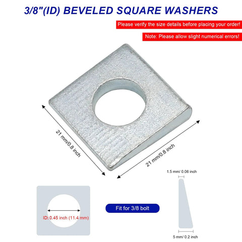 Beveled Square Washer Set delivers a flat, load-distributing surface for bolts on inclined or uneven surfaces; includes 10 hardened carbon steel washers, 3/8 in inner diameter, 7/8 x 7/8 outer, 1.5-5 mm thick, galvanized for corrosion resistance.