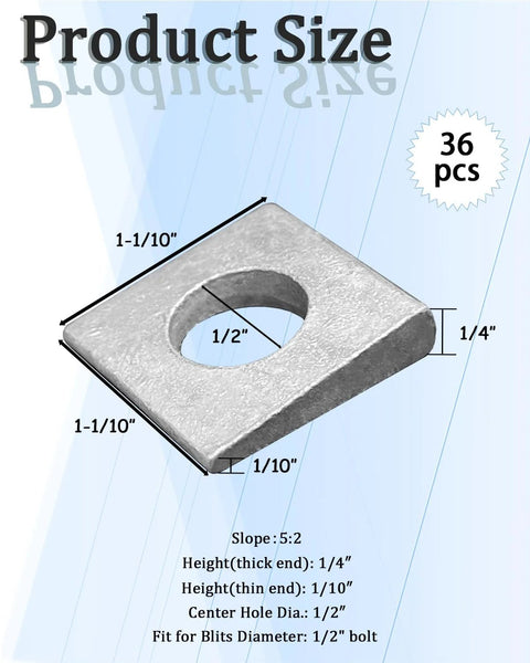 24 Beveled Half Inch ID Square Washers Galvanized Steel Leveling Wood And Metal with dimensions and slope shown
