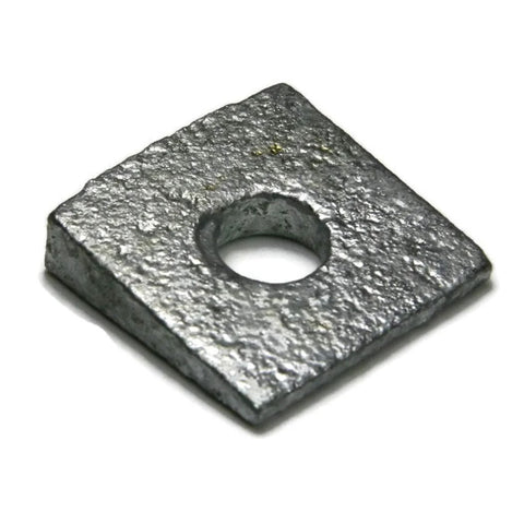 Beveled Square Washers Hot Dipped Galvanized Three Quarter Inch 25 Pack, single washer close-up, uneven texture, central hole